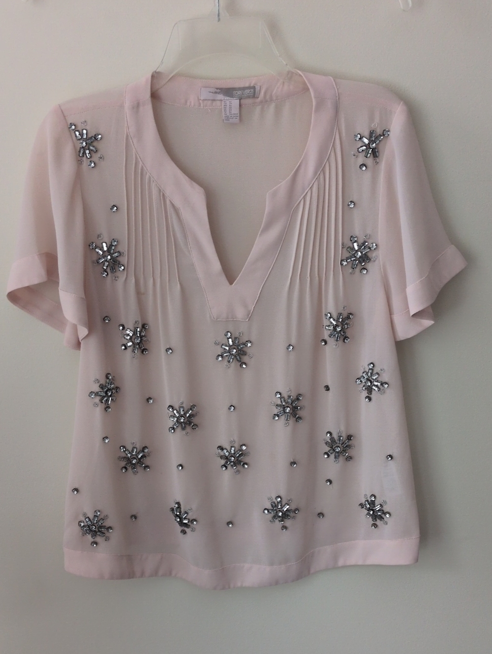 Forever 21 Pale Pink Embellished V-Neck Blouse